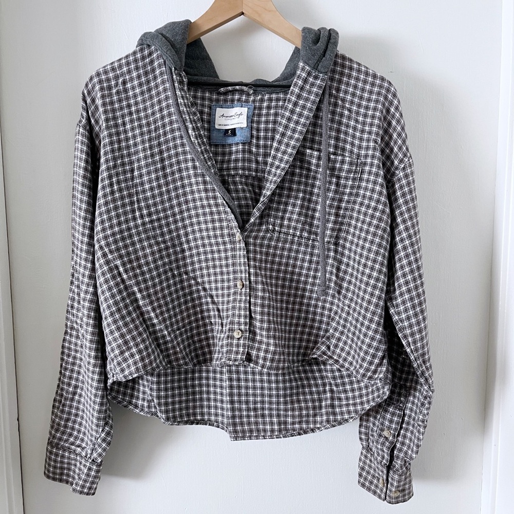 American Eagle Outfitters Black and White Plaid Shirt with Gray Hood